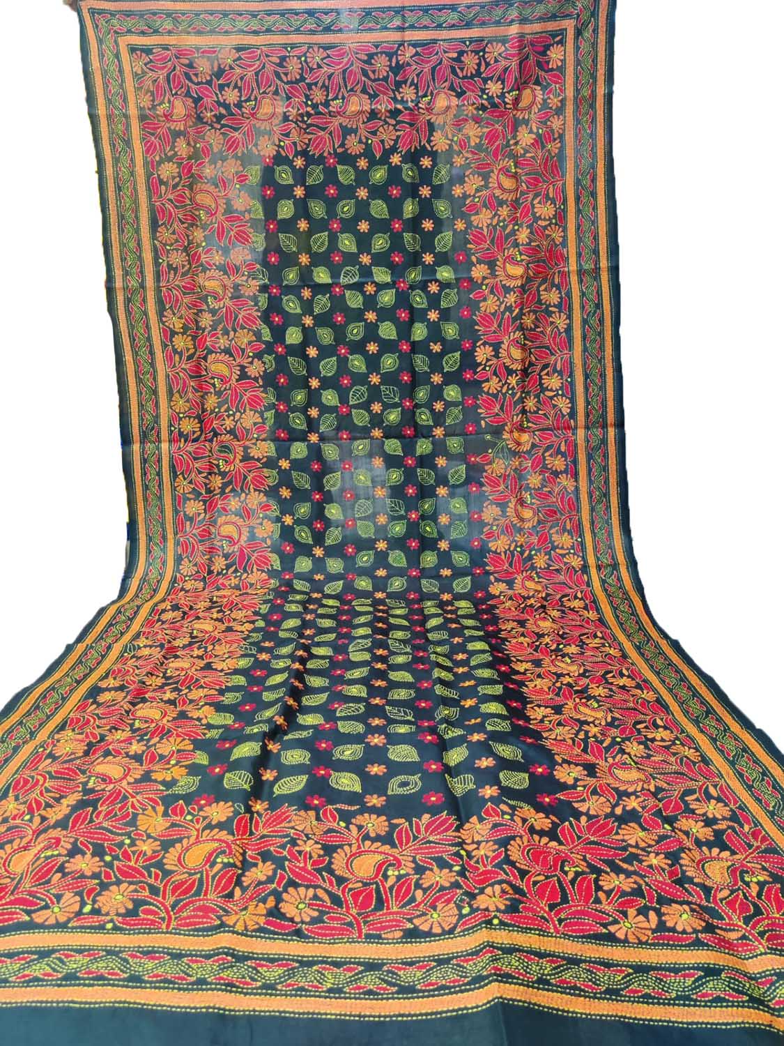 Black Hand Embroidered Kantha Bangalore Silk Dupatta - Luxurion World