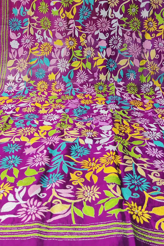Purple Hand Embroidered Kantha Bangalore Silk Dupatta - Luxurion World