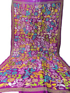 Purple Hand Embroidered Kantha Bangalore Silk Dupatta - Luxurion World