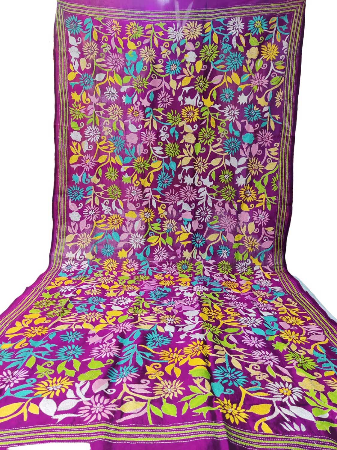 Purple Hand Embroidered Kantha Bangalore Silk Dupatta - Luxurion World