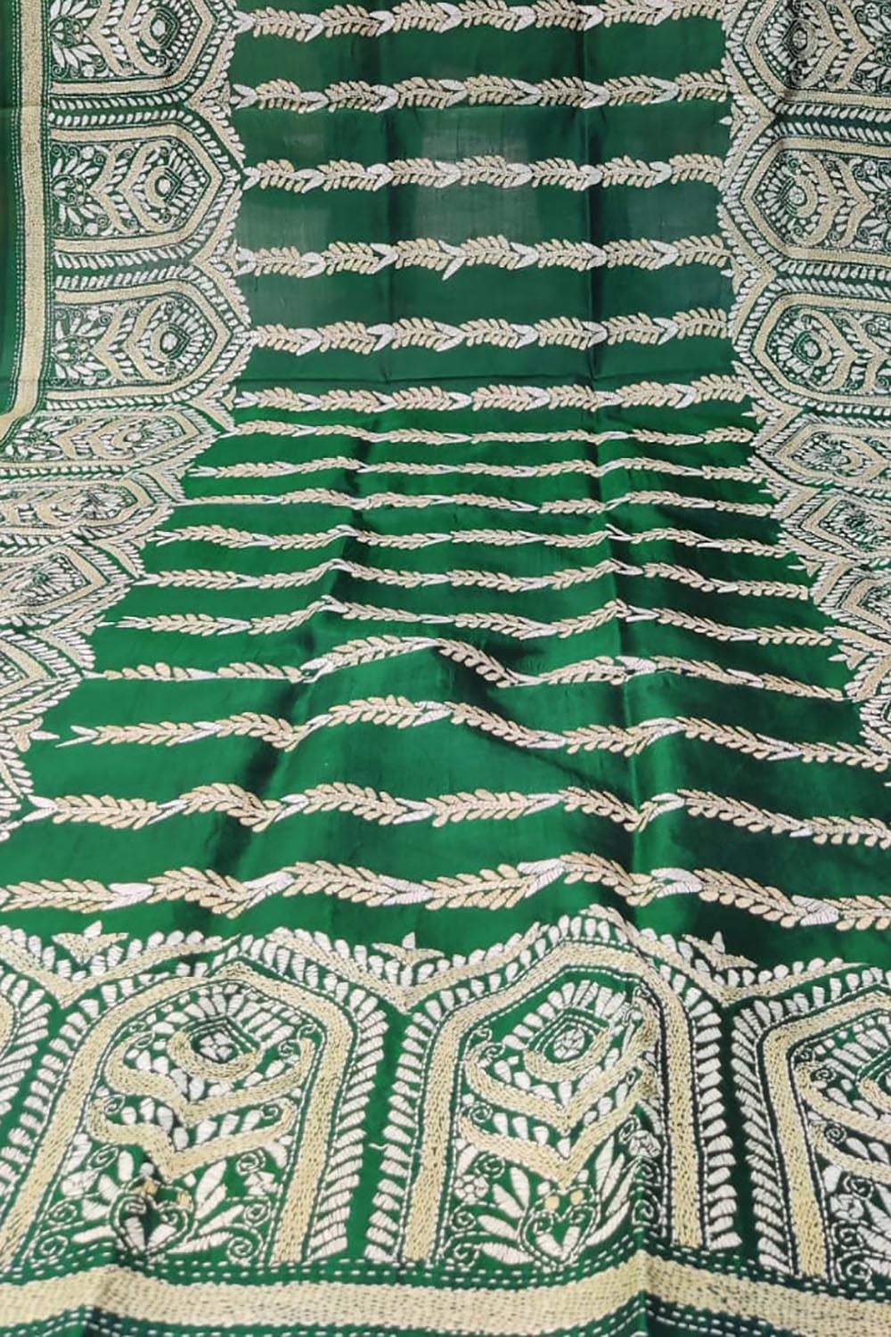 Green Hand Embroidered Kantha Bangalore Silk Dupatta - Luxurion World