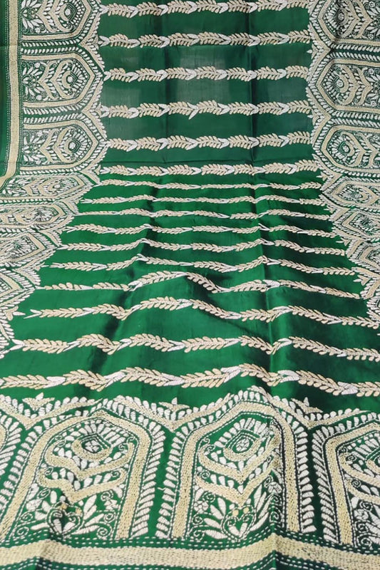 Green Hand Embroidered Kantha Bangalore Silk Dupatta - Luxurion World