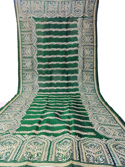 Green Hand Embroidered Kantha Bangalore Silk Dupatta - Luxurion World