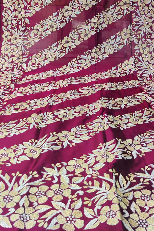 Purple Hand Embroidered Kantha Bangalore Silk Dupatta - Luxurion World