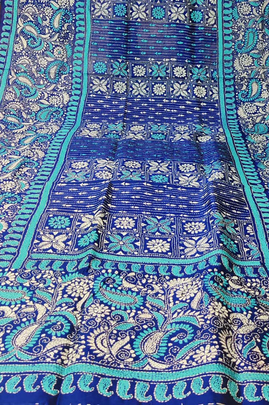 Blue Hand Embroidered Kantha Bangalore Silk Dupatta - Luxurion World