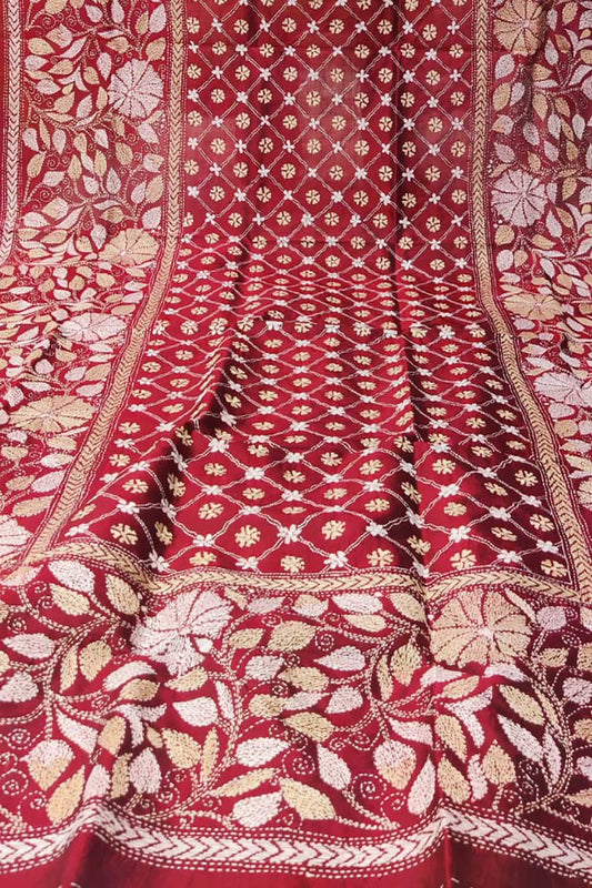 Red Hand Embroidered Kantha Bangalore Silk Dupatta - Luxurion World