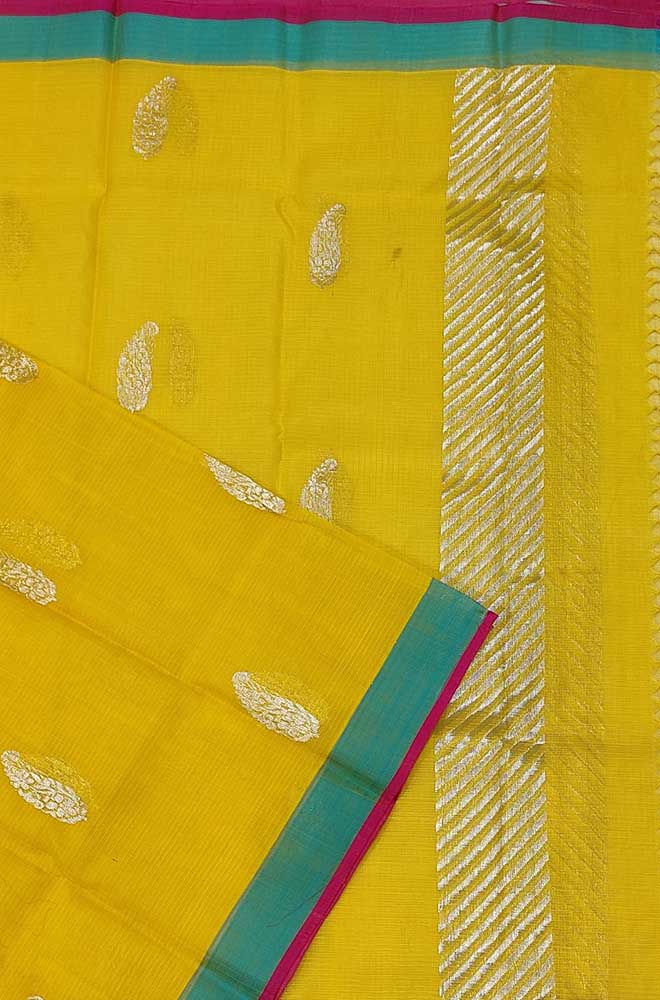 Yellow Handloom Kota Doria Real Zari Dupatta - Luxurion World
