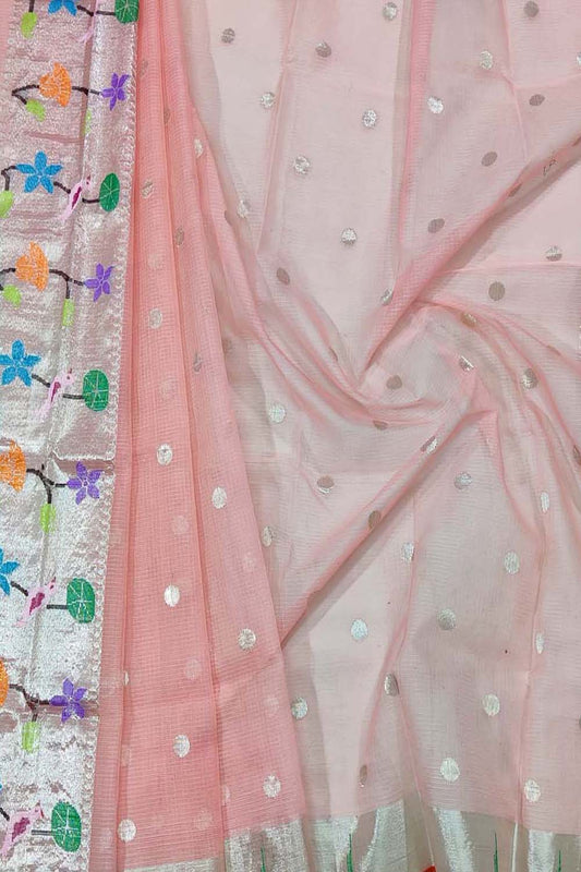 Exquisite Pink Handloom Kota Doria Dupatta with Real Zari Embellishments - Luxurion World