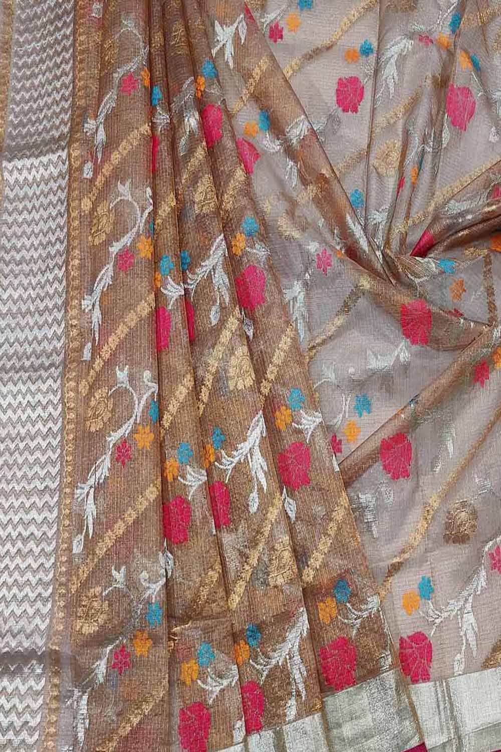 Elegant Brown Handloom Kota Doria Real Zari Dupatta - Luxurion World