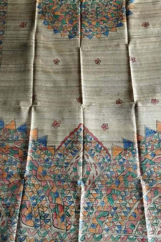 Pastel Hand Painted Madhubani Tussar Ghicha Silk Dupatta - Luxurion World