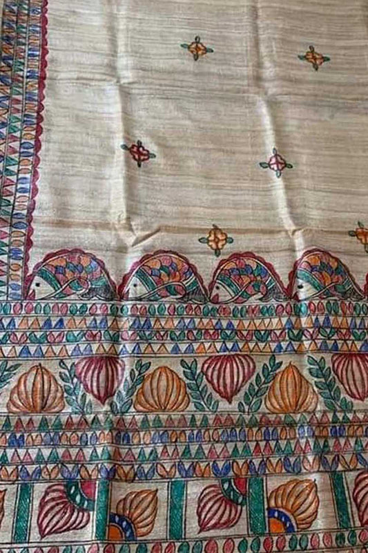 Pastel Hand Painted Madhubani Tussar Ghicha Silk Dupatta - Luxurion World