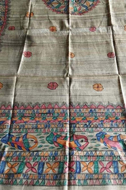 Pastel Hand Painted Madhubani Tussar Ghicha Silk Dupatta - Luxurion World