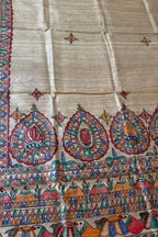 Pastel Hand Painted Madhubani Tussar Ghicha Silk Dupatta - Luxurion World