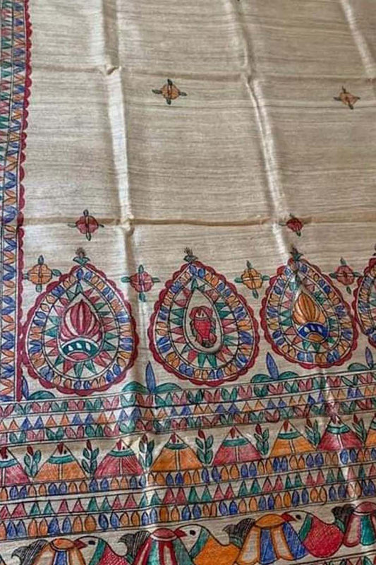 Pastel Hand Painted Madhubani Tussar Ghicha Silk Dupatta - Luxurion World