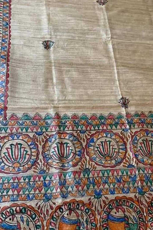 Pastel Hand Painted Madhubani Tussar Ghicha Silk Dupatta - Luxurion World