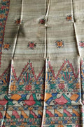 Pastel Hand Painted Madhubani Tussar Ghicha Silk Dupatta - Luxurion World