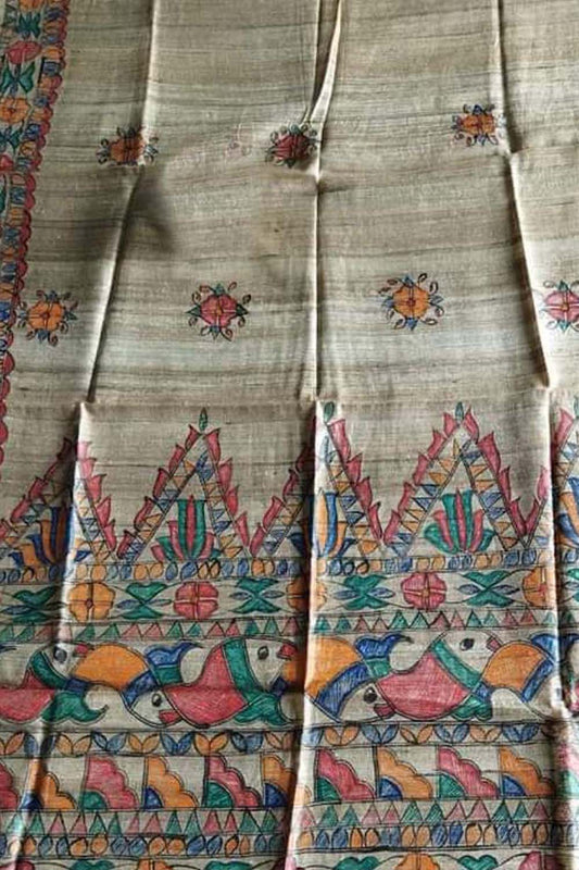 Pastel Hand Painted Madhubani Tussar Ghicha Silk Dupatta - Luxurion World