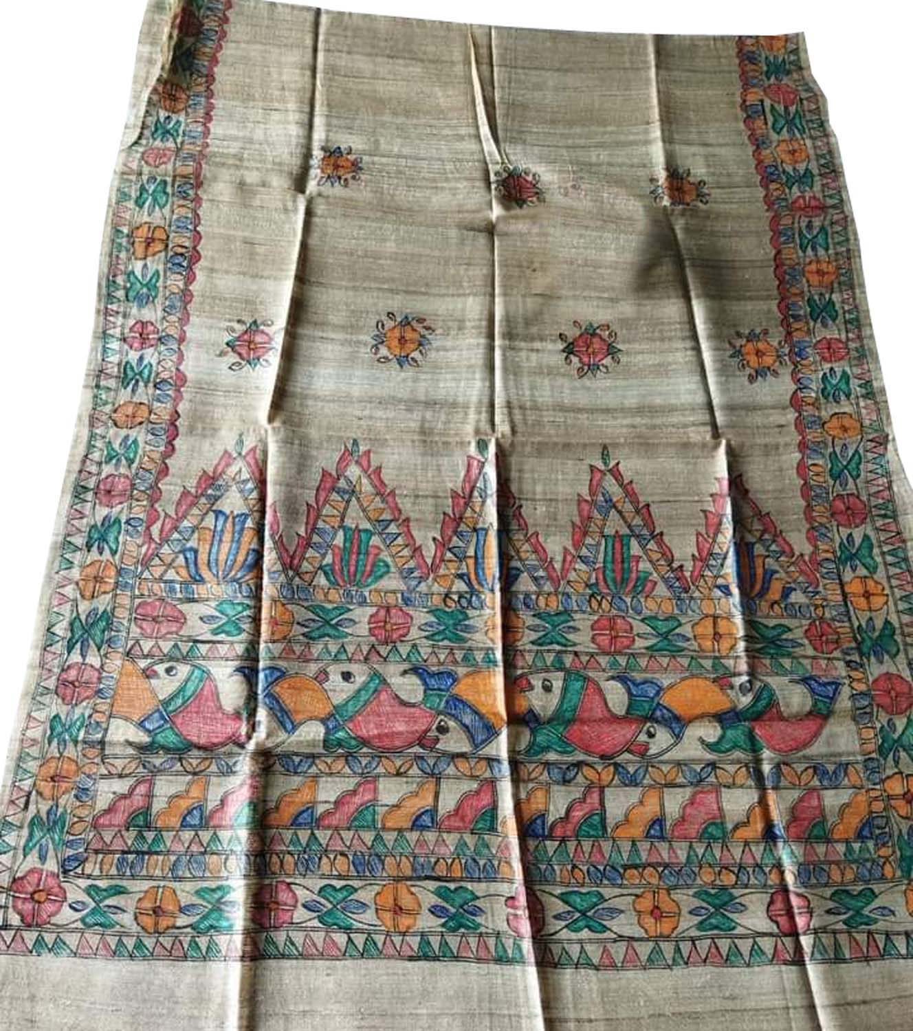 Pastel Hand Painted Madhubani Tussar Ghicha Silk Dupatta - Luxurion World