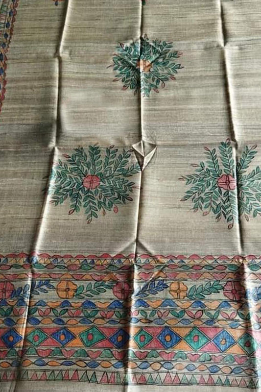 Pastel Hand Painted Madhubani Tussar Ghicha Silk Dupatta - Luxurion World