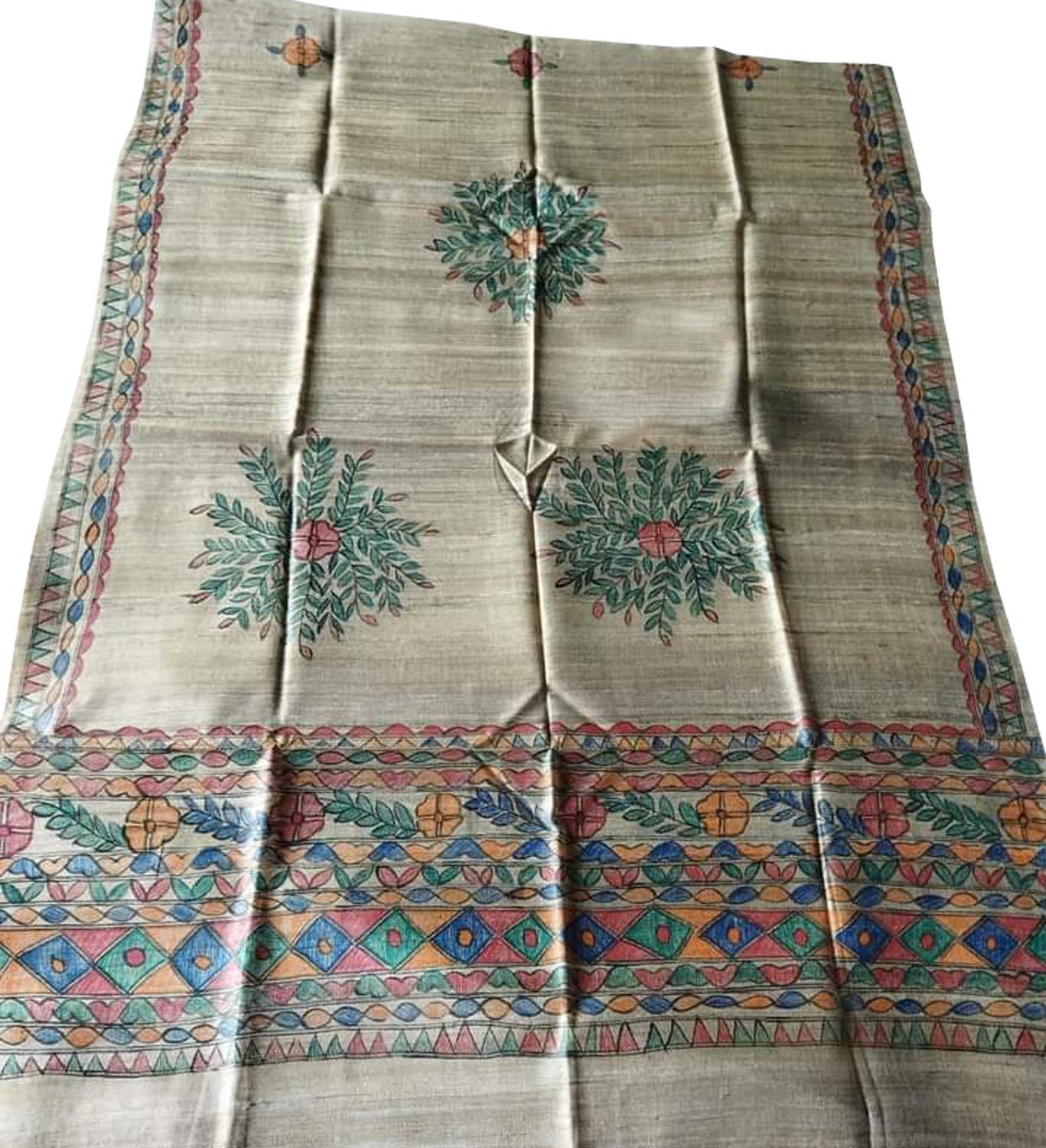 Pastel Hand Painted Madhubani Tussar Ghicha Silk Dupatta - Luxurion World