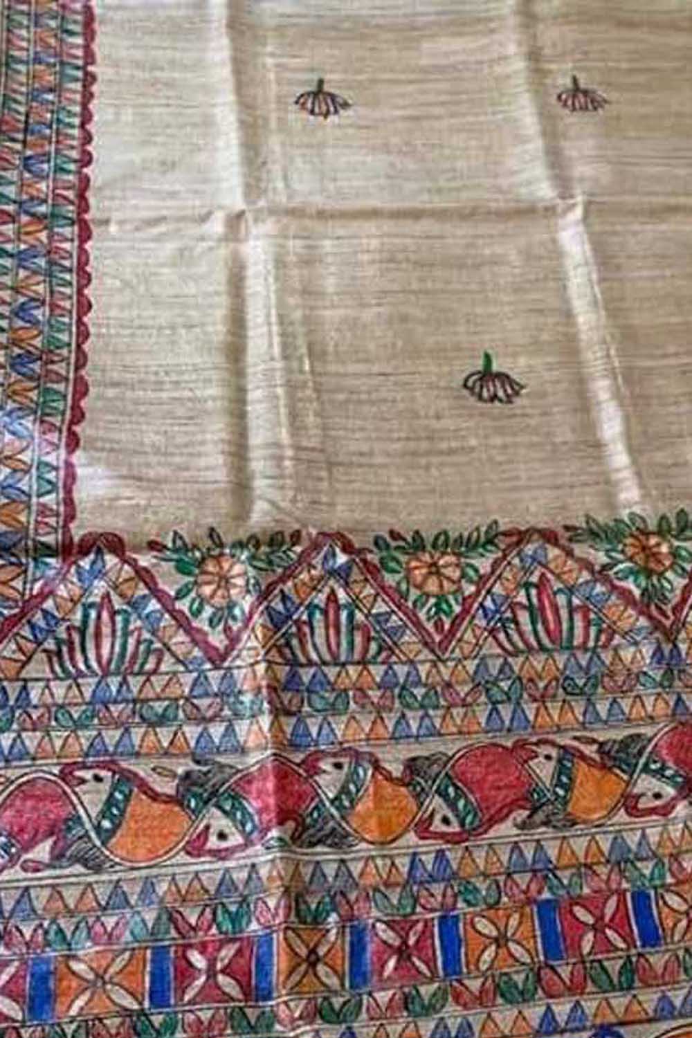 Pastel Hand Painted Madhubani Tussar Ghicha Silk Dupatta - Luxurion World