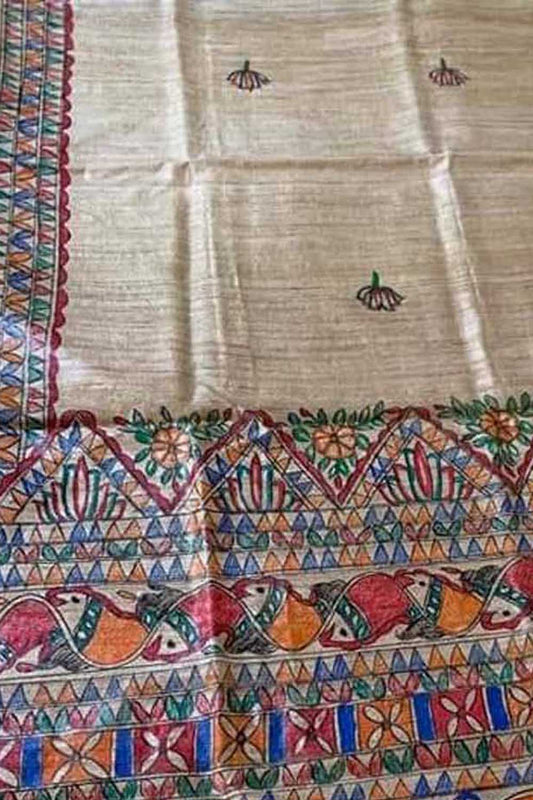 Pastel Hand Painted Madhubani Tussar Ghicha Silk Dupatta - Luxurion World