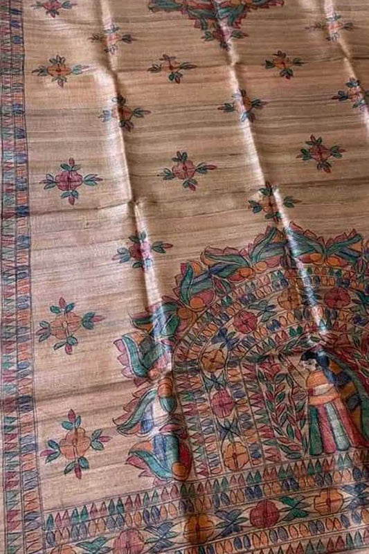 Pastel Hand Painted Madhubani Tussar Ghicha Silk Dupatta - Luxurion World