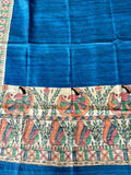Blue Madhubani Hand Painted Pure Tussar Silk Dupatta - Luxurion World