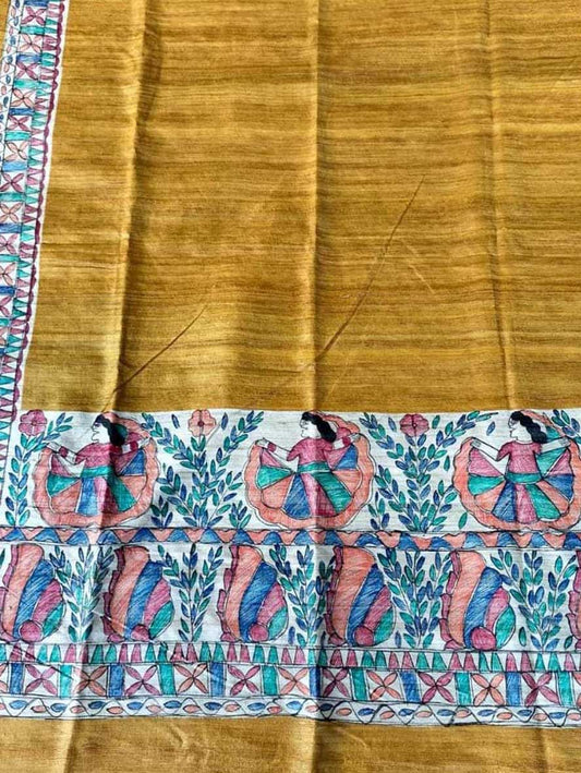 Yellow Madhubani Hand Painted Pure Tussar Silk Dupatta - Luxurion World