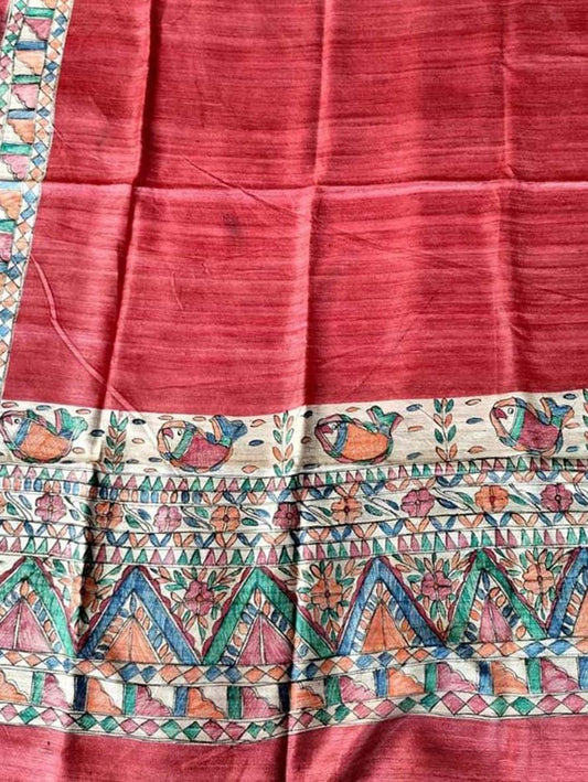 Red Madhubani Hand Painted Pure Tussar Silk Dupatta