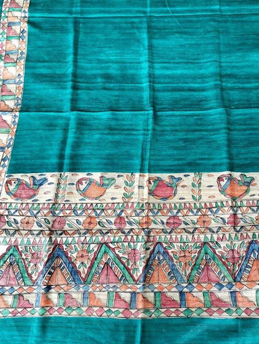 Blue Madhubani Hand Painted Pure Tussar Silk Dupatta - Luxurion World