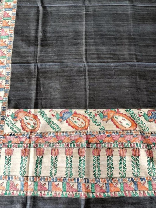 Black Madhubani Hand Painted Pure Tussar Silk Dupatta - Luxurion World