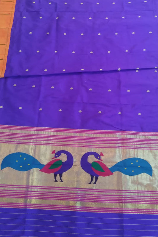 Purple Paithani Handloom Pure Silk Peacock Design Dupatta With Muniya Border - Luxurion World