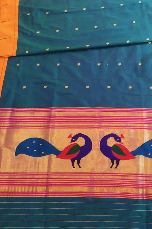 Green Paithani Handloom Pure Silk Peacock Design Dupatta With Muniya Border - Luxurion World