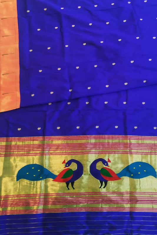 Blue Paithani Handloom Pure Silk Peacock Design Dupatta With Muniya Border