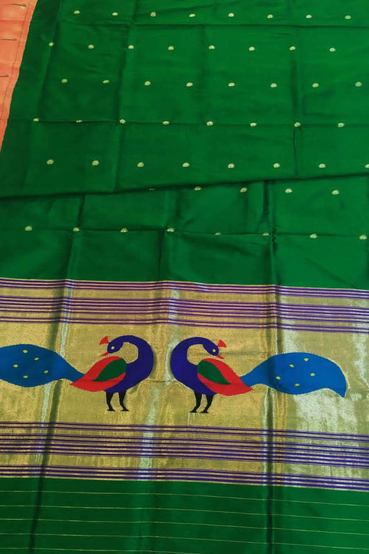 Green Paithani Handloom Pure Silk Peacock Design Dupatta With Muniya Border - Luxurion World