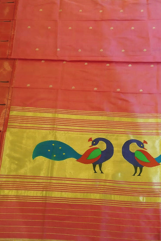 Pink Paithani Handloom Pure Silk Peacock Design Dupatta With Muniya Border - Luxurion World