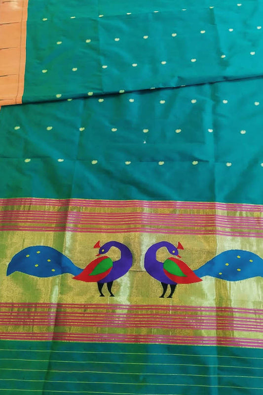 Green Paithani Handloom Pure Silk Peacock Design Dupatta With Muniya Border - Luxurion World
