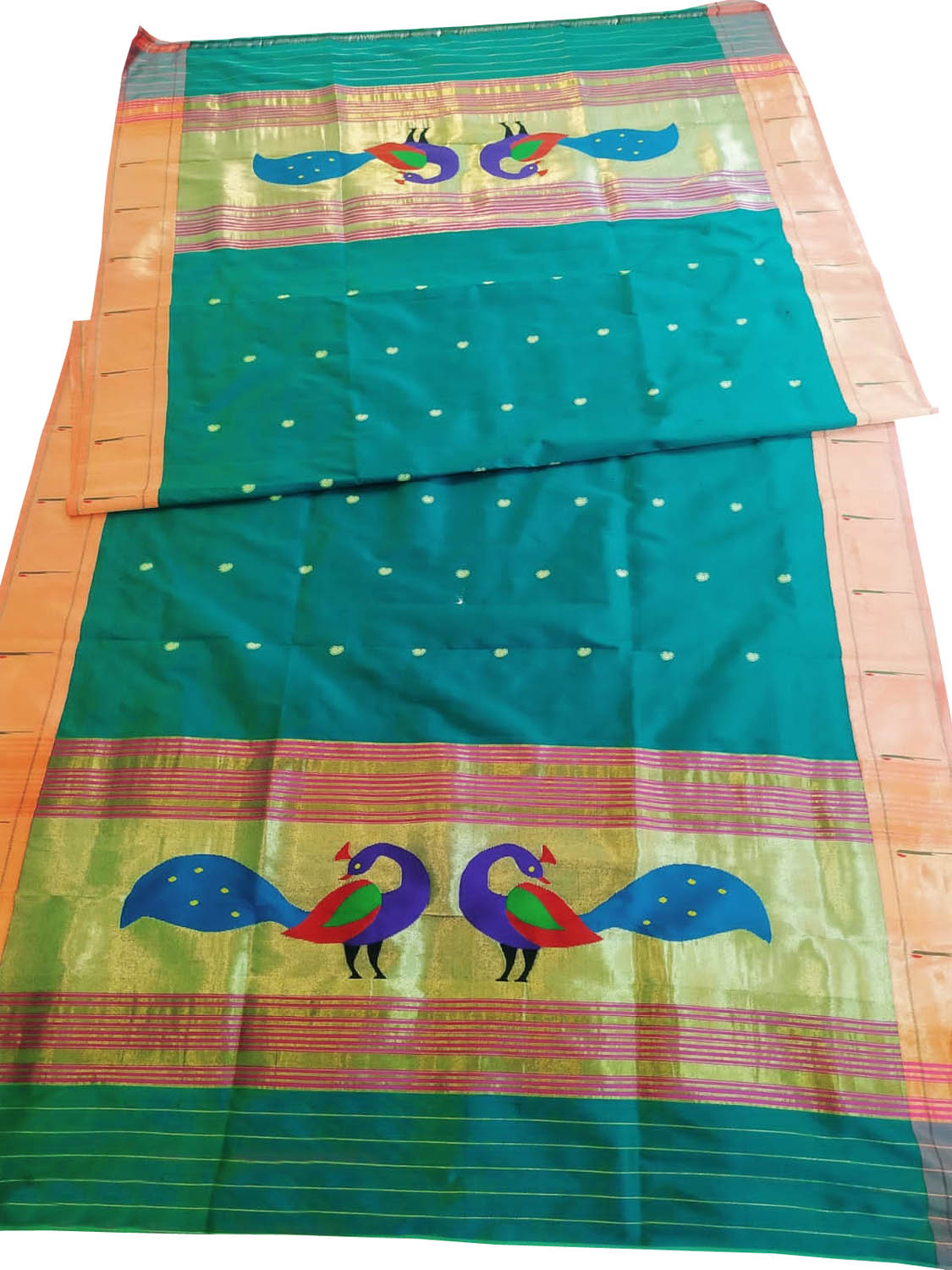 Green Paithani Handloom Pure Silk Peacock Design Dupatta With Muniya Border - Luxurion World