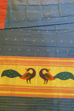 Blue Paithani Handloom Pure Silk Peacock Design Dupatta With Muniya Border - Luxurion World