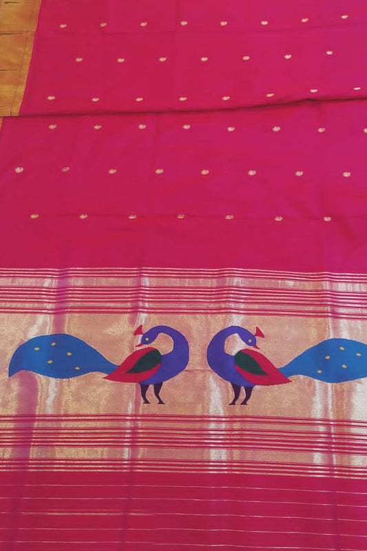 Pink Paithani Handloom Pure Silk Peacock Design Dupatta With Muniya Border - Luxurion World