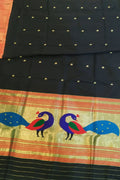 Black Paithani Handloom Pure Silk Peacock Design Dupatta With Muniya Border - Luxurion World
