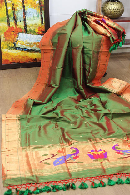 Green Handloom Paithani Pure Silk Peacock Design Muniya Border Dupatta - Luxurion World
