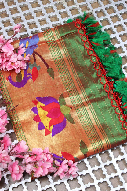 Green Handloom Paithani Pure Silk Peacock Design Muniya Border Dupatta