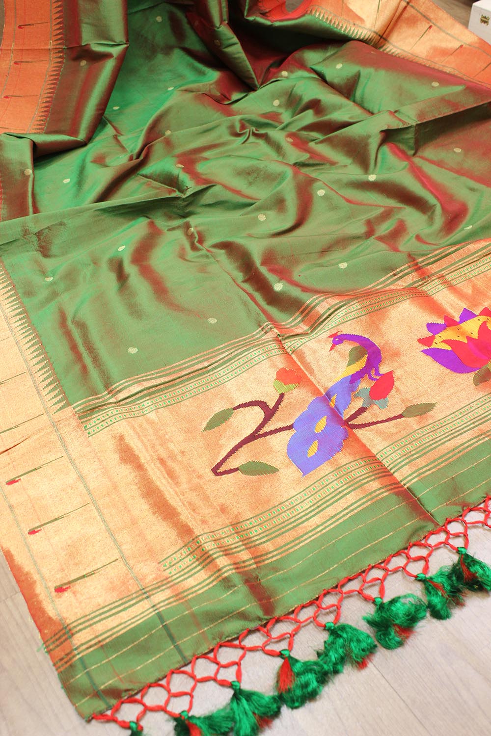 Green Handloom Paithani Pure Silk Peacock Design Muniya Border Dupatta - Luxurion World