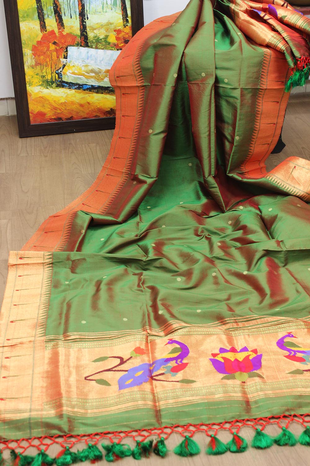 Green Handloom Paithani Pure Silk Peacock Design Muniya Border Dupatta - Luxurion World