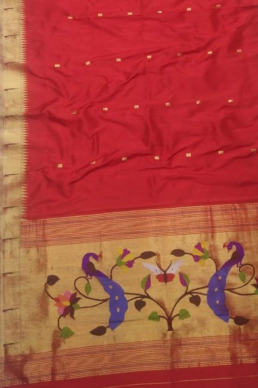 Red Paithani Handloom Pure Silk Muniya Border Dupatta - Luxurion World