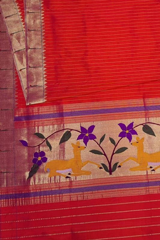 Red Paithani Handloom Pure Silk Muniya Border Dupatta - Luxurion World