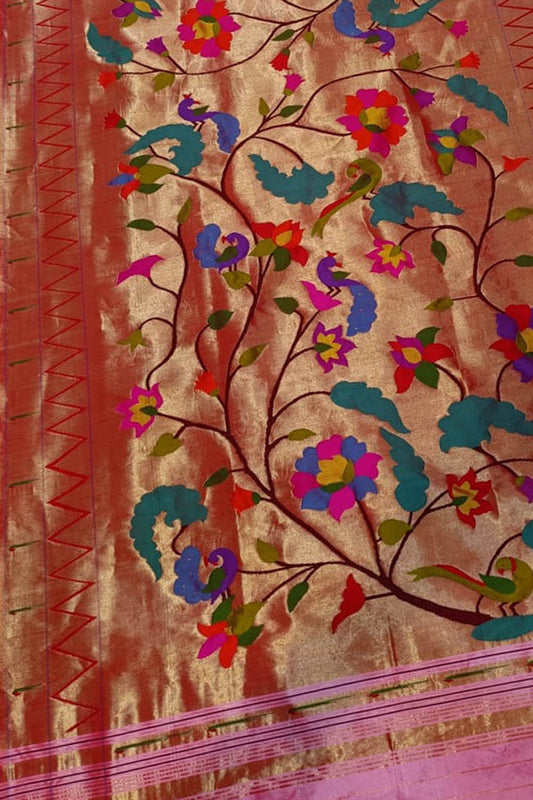 Golden Paithani Handloom Pure Silk Brocade Dupatta - Luxurion World