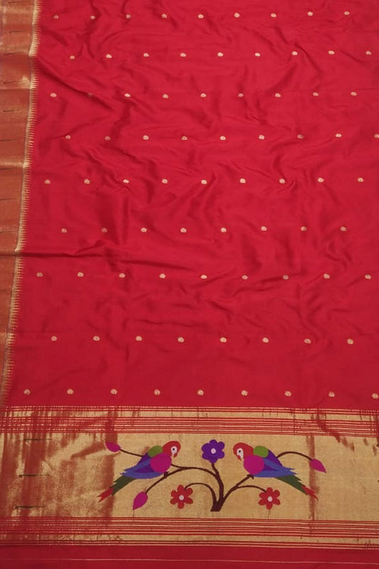 Red Paithani Handloom Pure Silk Single Muniya Border Dupatta - Luxurion World